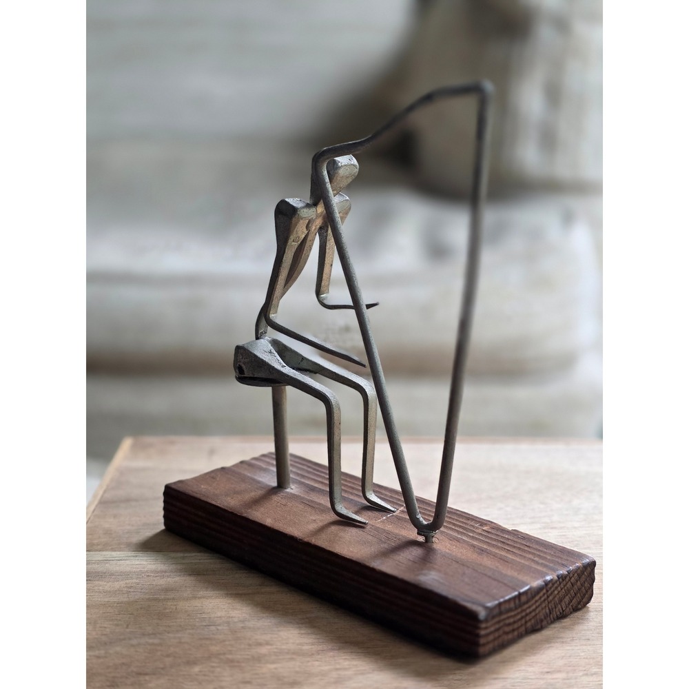 Mid Century Brutalist Metal Nail Art Sculpture Seated Harp Player